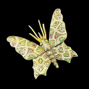 Vintage Dainty Damascene Butterfly Brooch Pin Gold Red Green Spain